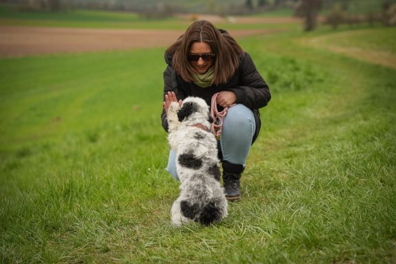 Eine Person mit Sonnenbrille kniet, während sie einen Hund auf einer Wiese anspricht.